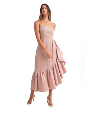 One-Shoulder Blush Pink Ruffle Midi Dress